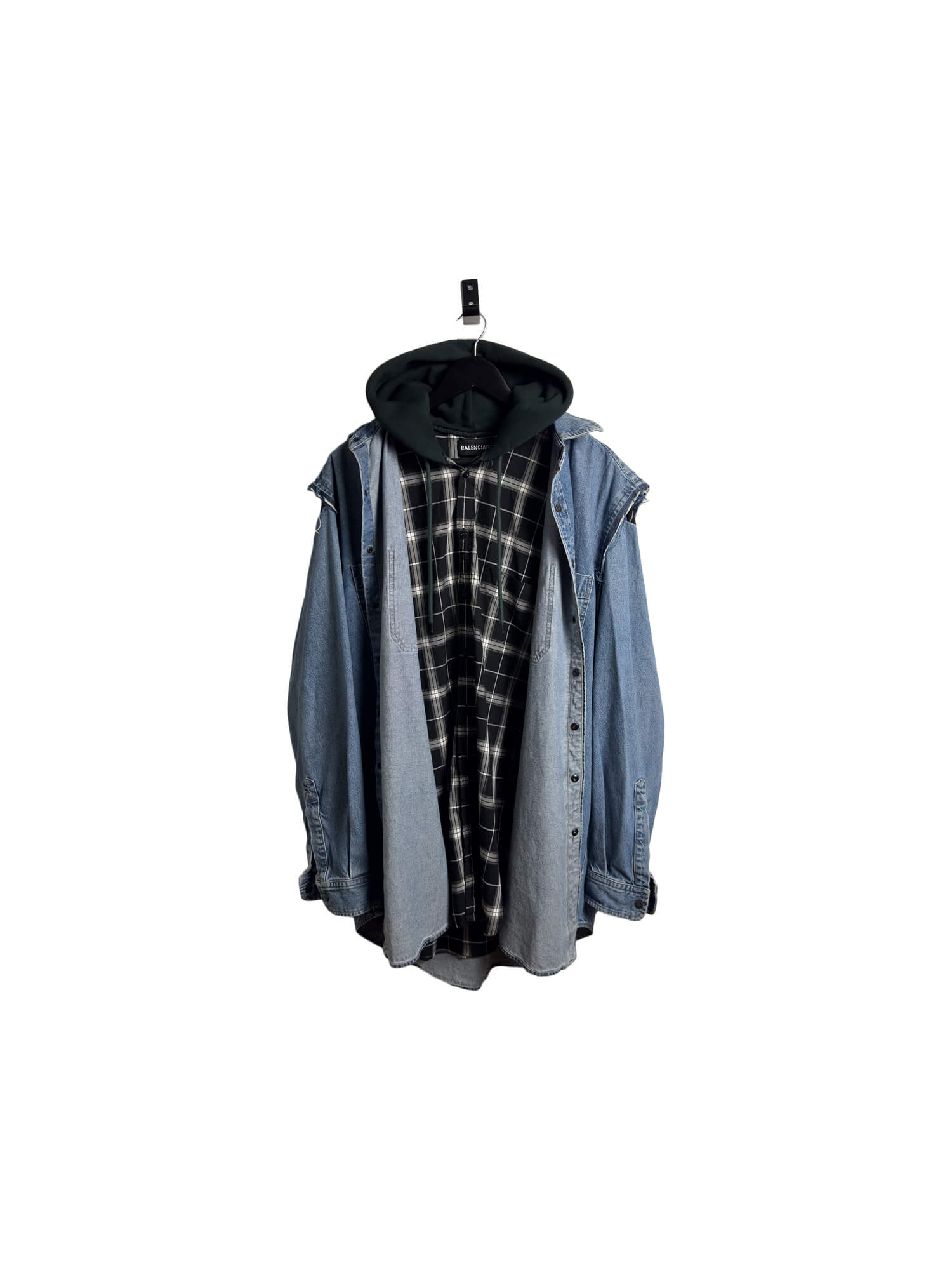 Balenciaga Patchwork Layered Hooded Plaid Denim Shirt | CLD Collective
